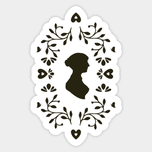 Jane Austen Silhouette Surrounded By Botanical Folk Art and Butterflies Sticker